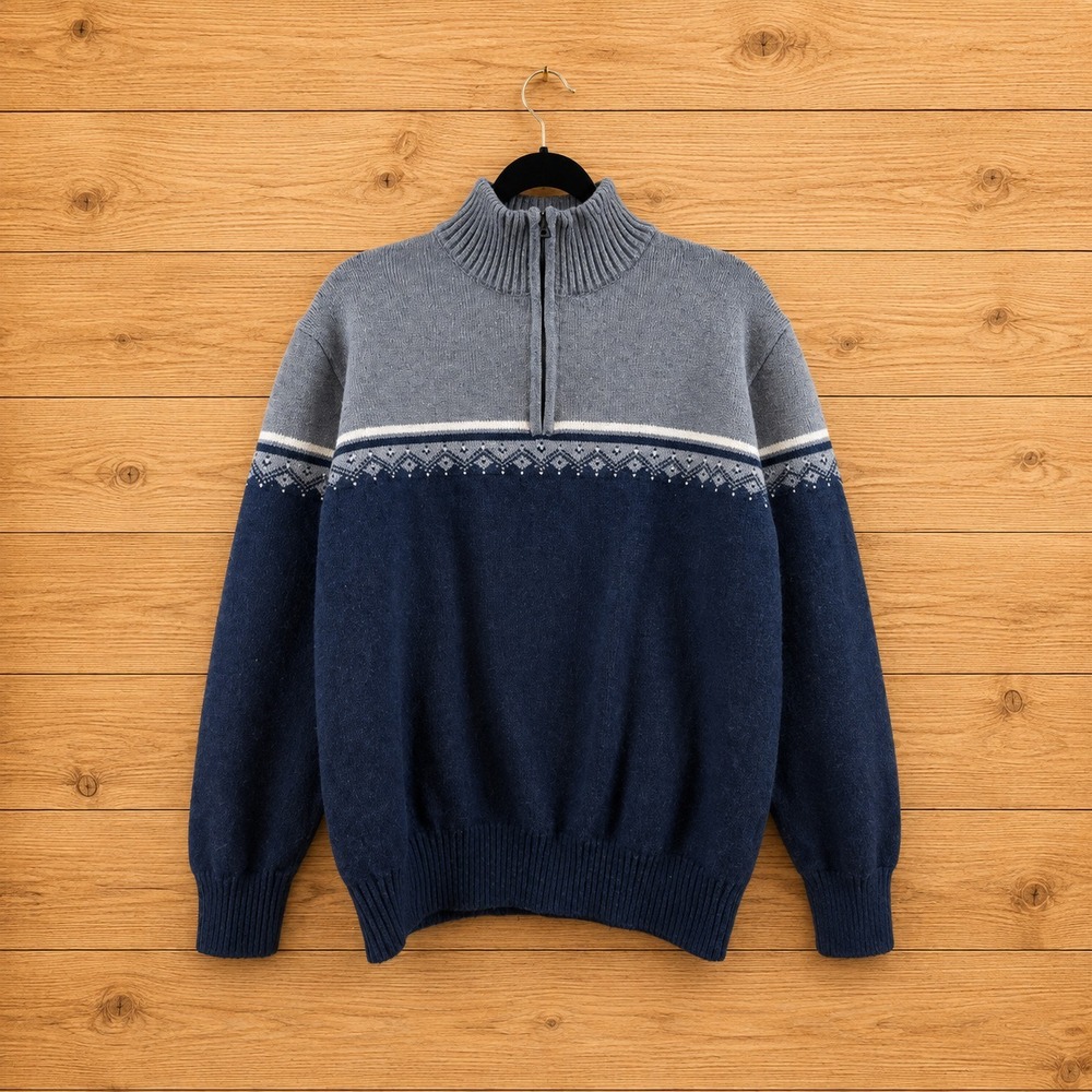 1/4 Quarter‎ Zip Fair Isle Sweater Mens Large Gray Cotton Grandpacore Holiday
